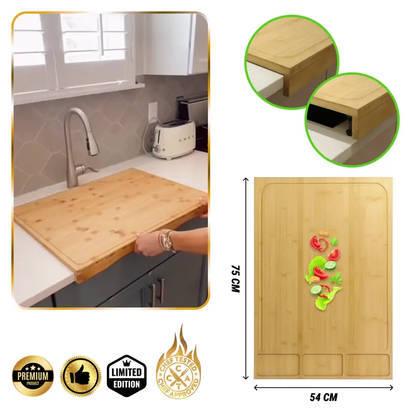 BambooCraft™ - Tabla de Cortar de Bambú Extra Grande con Patas Desmontables